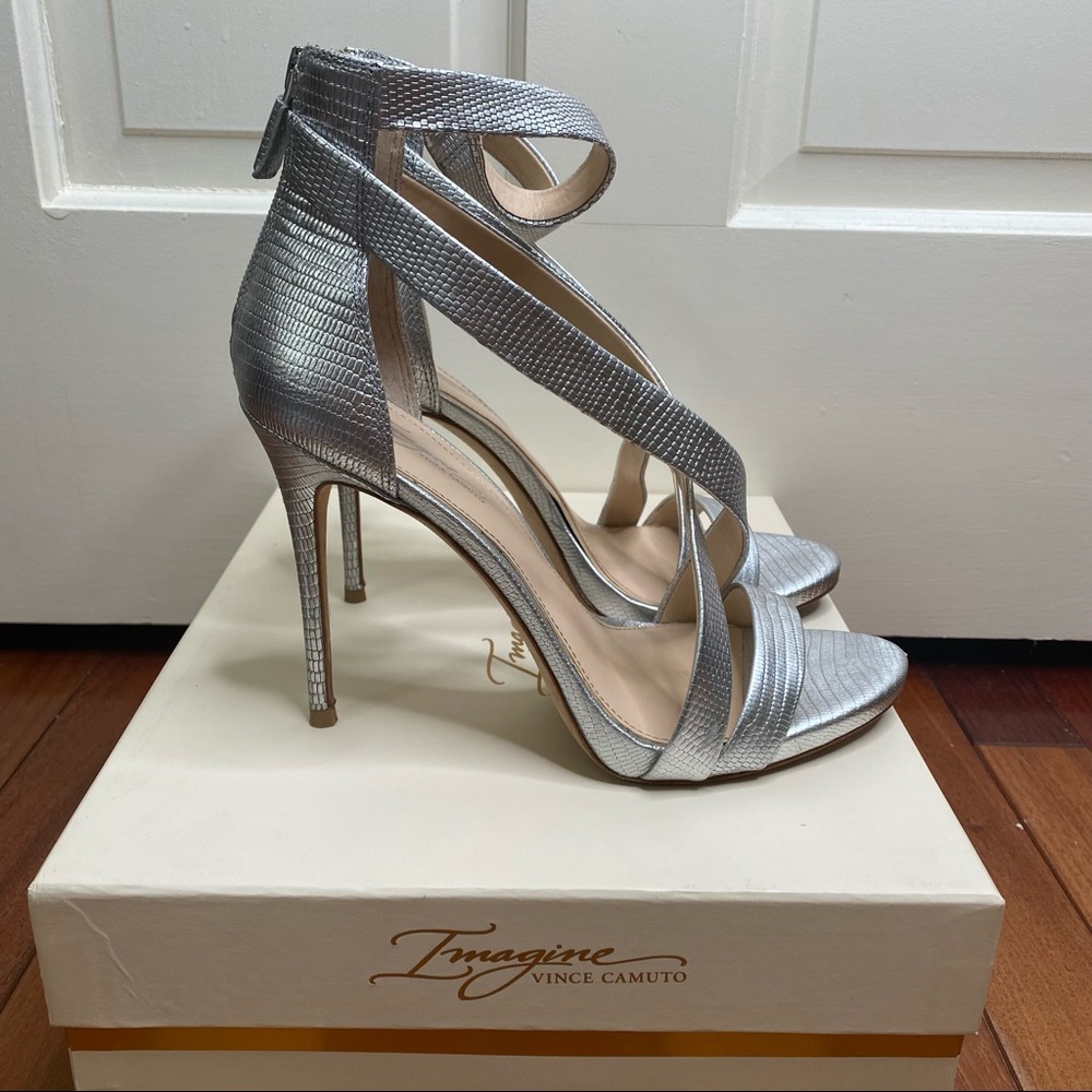 Vince Camuto Silver Metallic Lizzard Strappy Heels